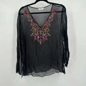 SLB Womens Top Size L Sheer Embroidered Boho Festival Whimsigoth‎ Witchy Peasant